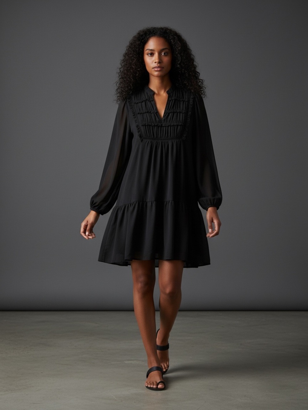 ❤️ Hyfve Black Chiffon Ruffle Pintuck Mini Dress